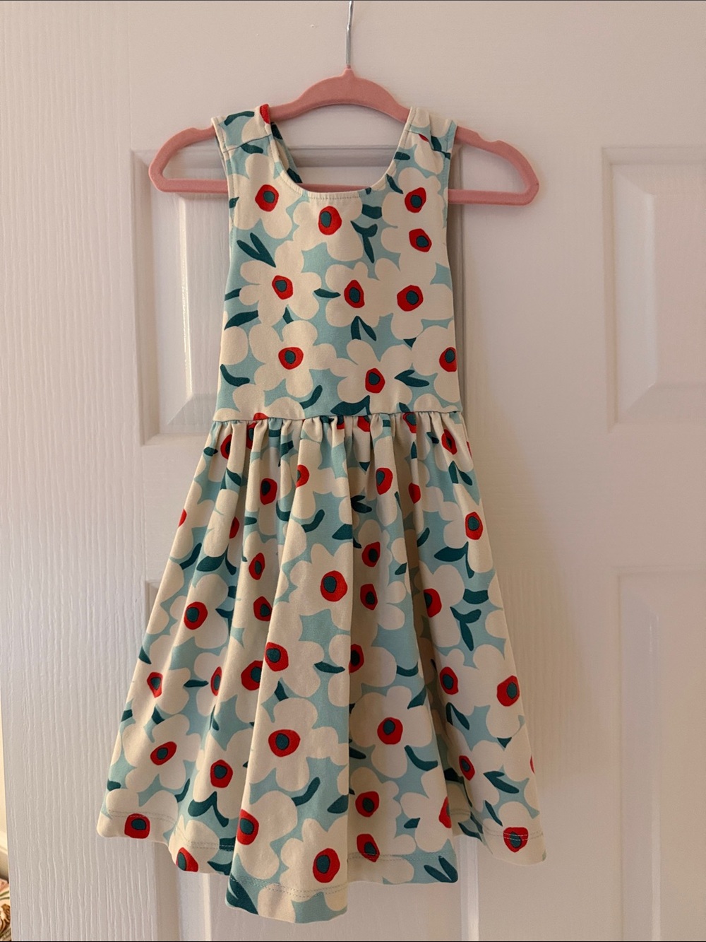 Hanna Andersson Cream Floral Sleeveless Dress with Teal Leaves and Red Centers